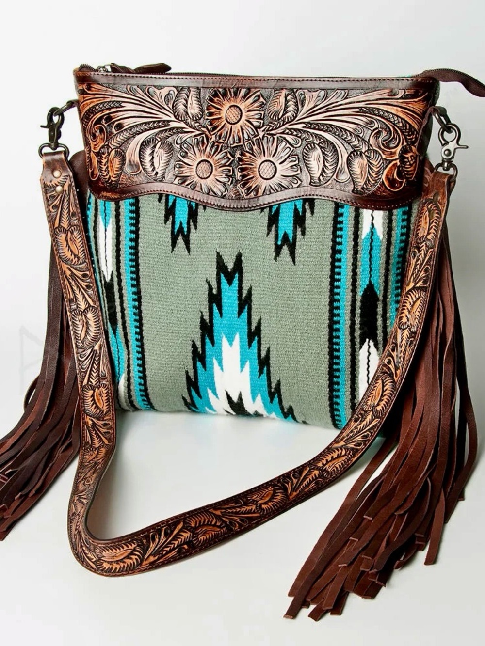 Hand tooled leather conceal carry crossbody fringe large bag Southwest turquoise